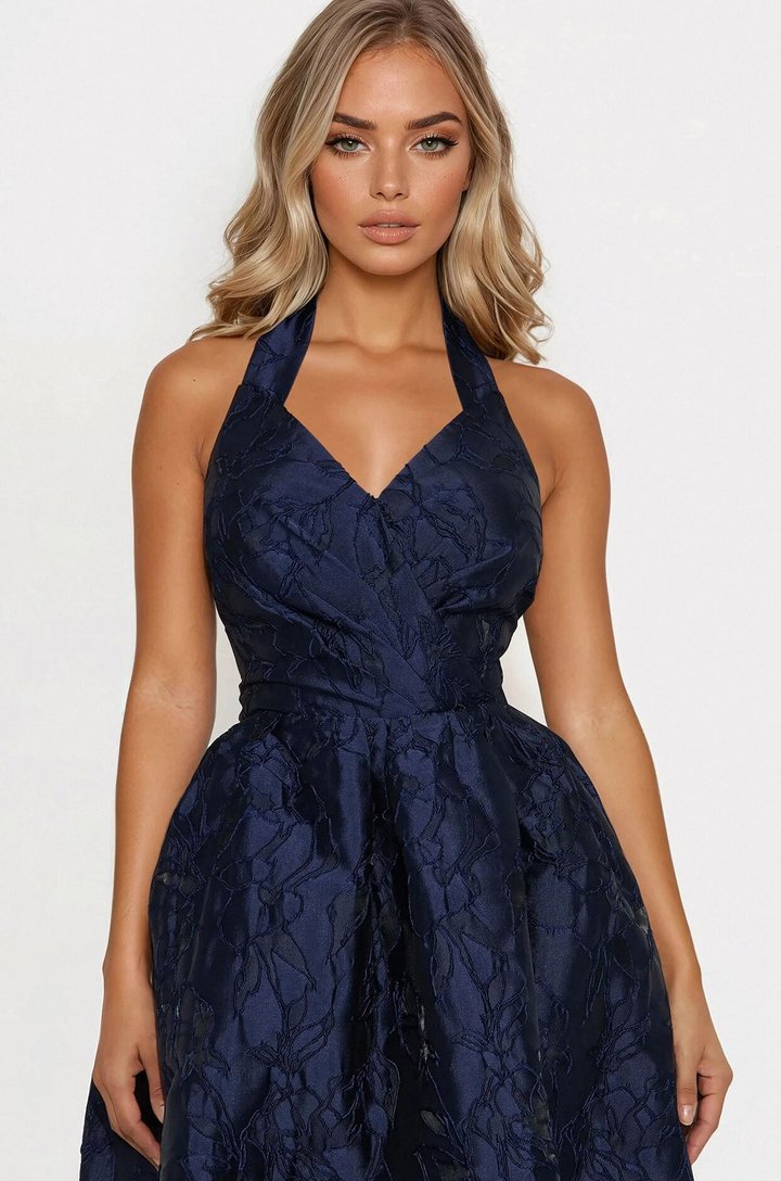 Keep You Enchanted Jacquard Halter Midi Dress - Navy