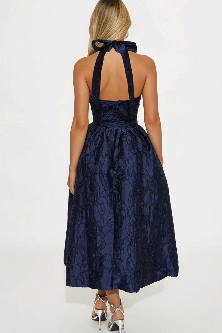 Keep You Enchanted Jacquard Halter Midi Dress - Navy