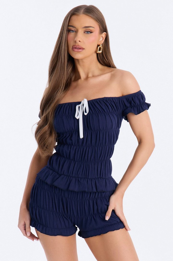 Cece Off Shoulder Ruffle Micro Romper - Navy