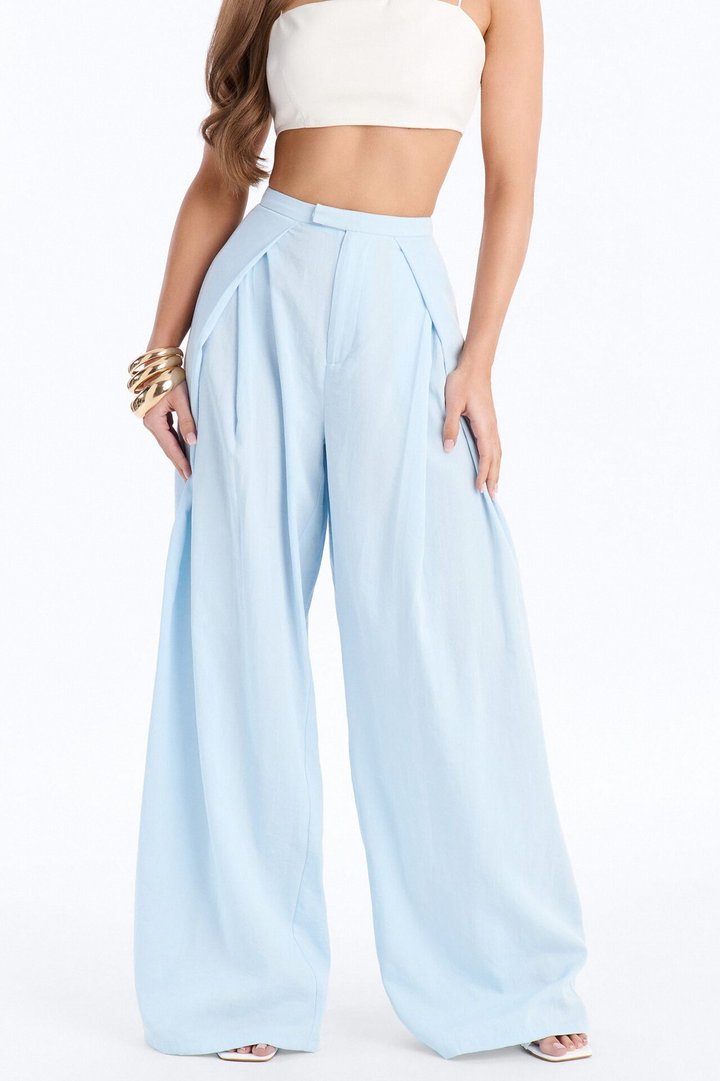 Tyra High Rise Pleated Wide Leg Pant - Light Blue