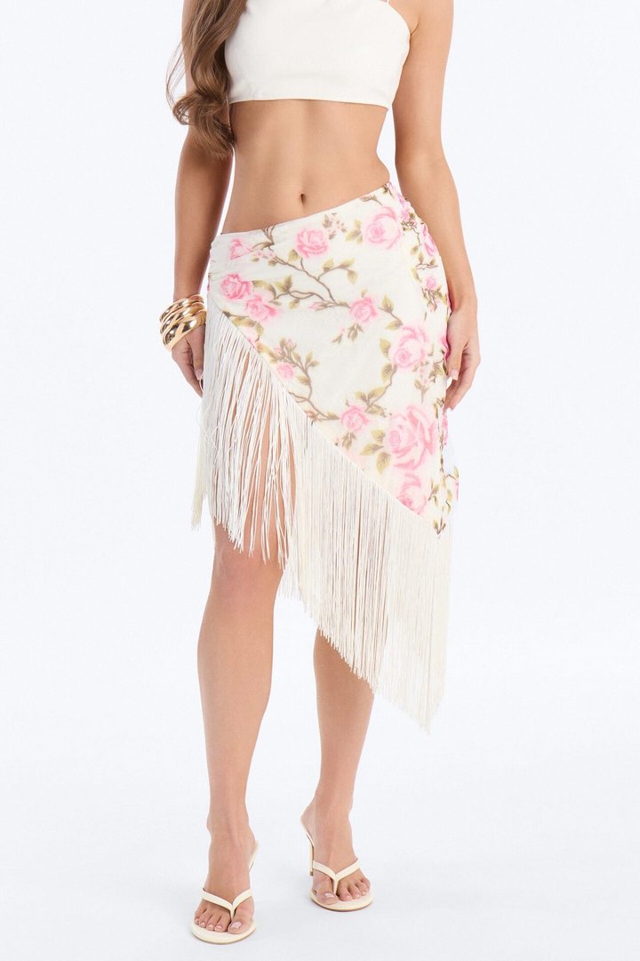 Something Sweet Floral Fringe Trim Midi Skirt - Ivory/combo