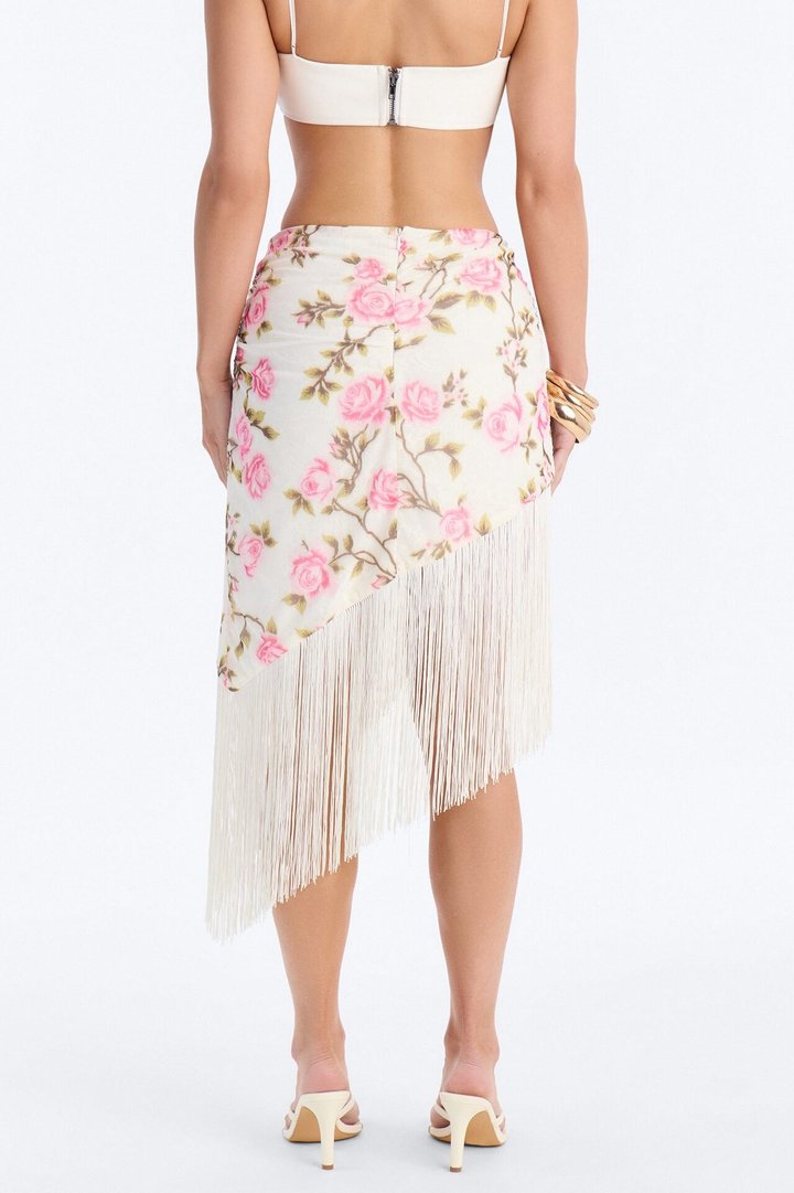 Something Sweet Floral Fringe Trim Midi Skirt - Ivory/combo
