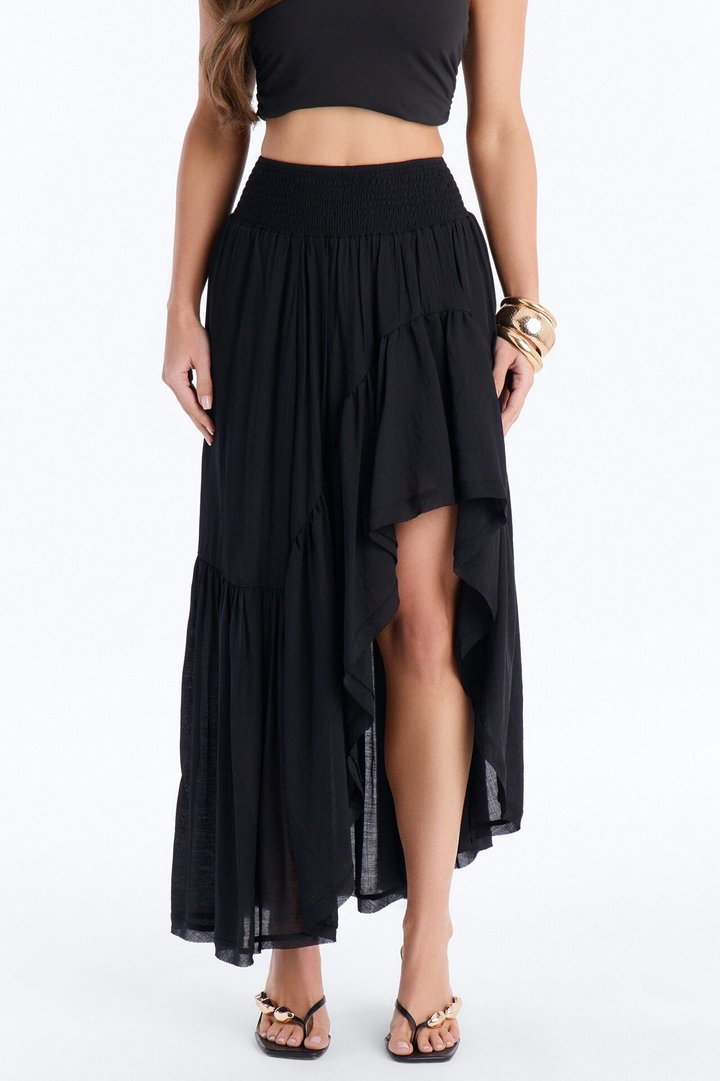 Daydreamer Asymmetrical Tiered Maxi Skirt - Black