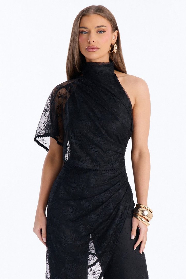 Tayla Draped Lace Wide Leg Jumpsuit - Black