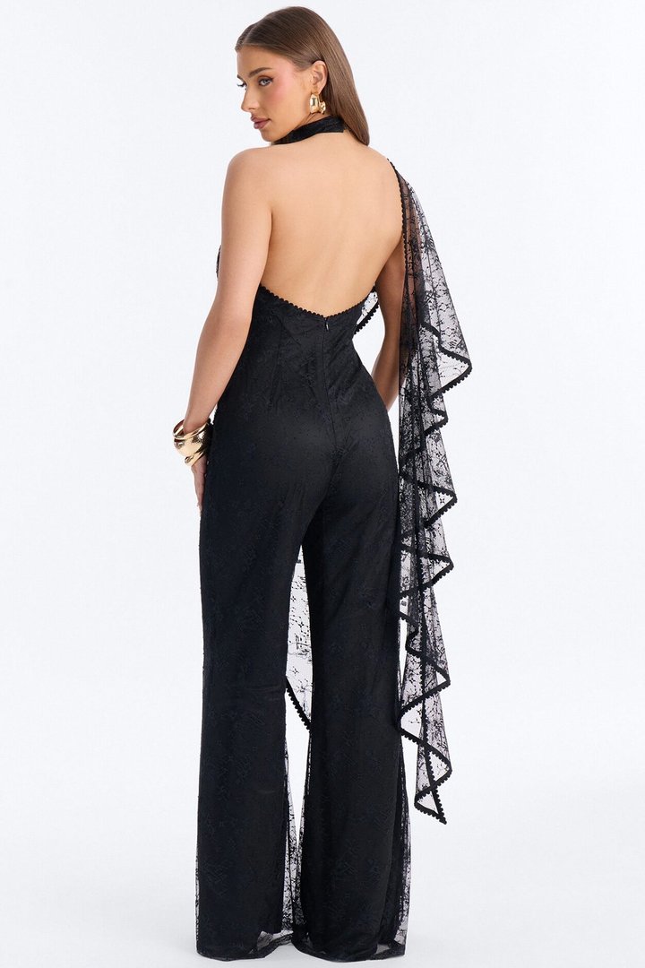 Tayla Draped Lace Wide Leg Jumpsuit - Black