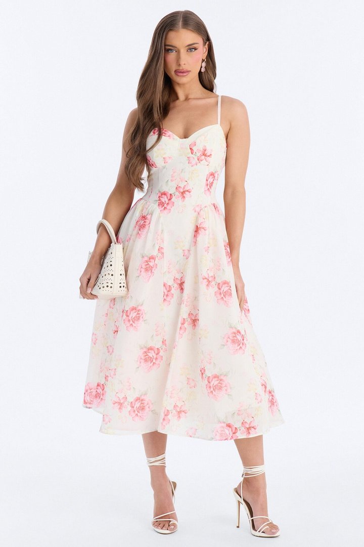 Ariana Floral Chiffon Midi Dress - White/Pink