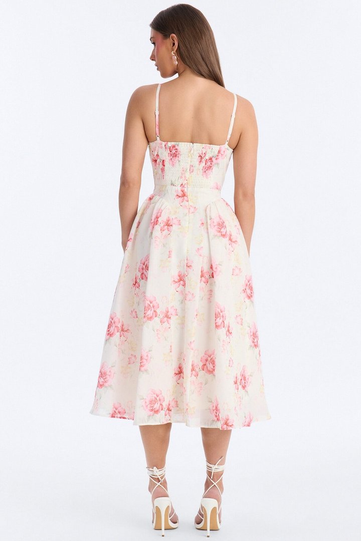 Ariana Floral Chiffon Midi Dress - White/Pink