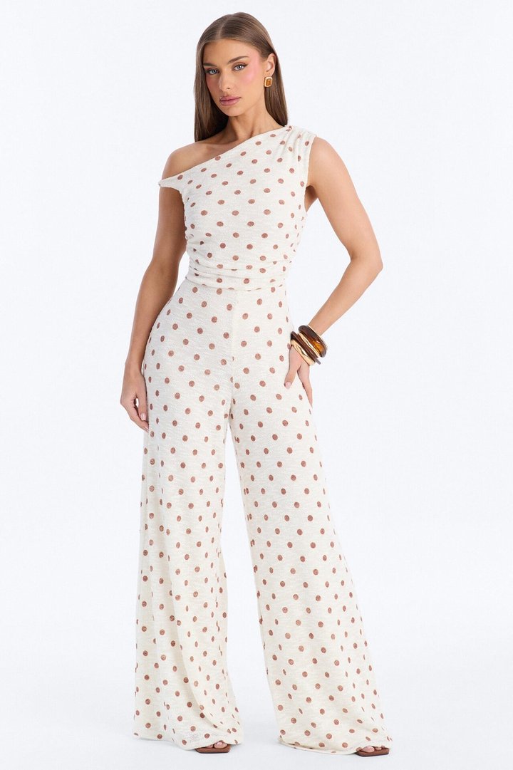 Natalia Polka Dot Knit Off Shoulder Jumpsuit - Cream