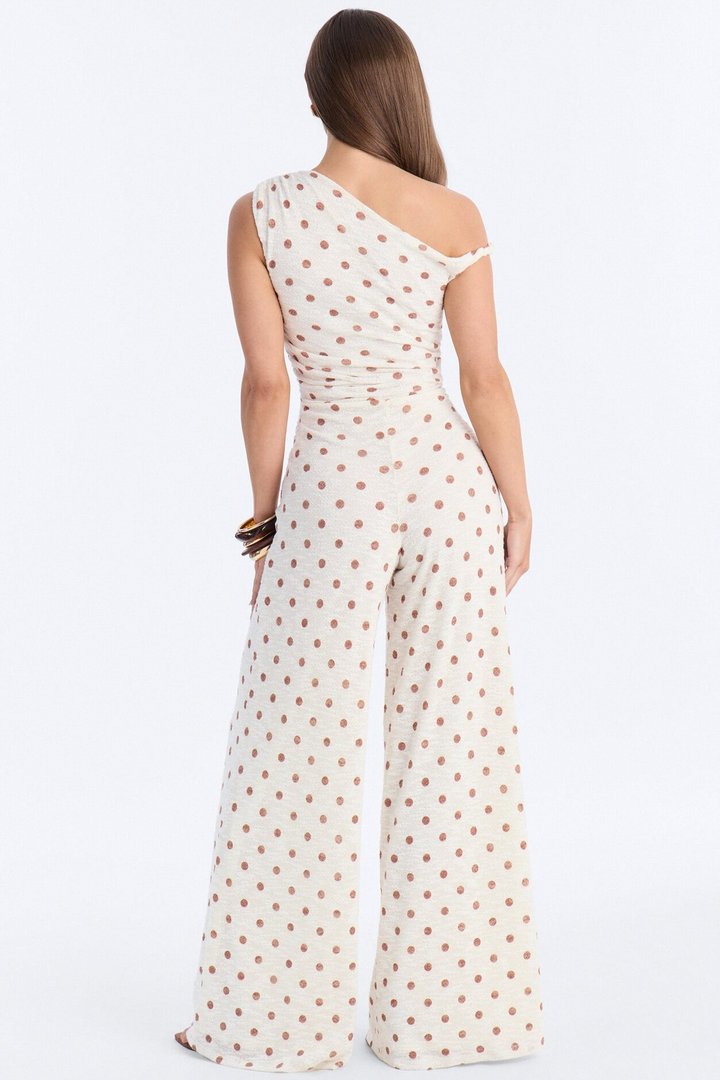 Natalia Polka Dot Knit Off Shoulder Jumpsuit - Cream
