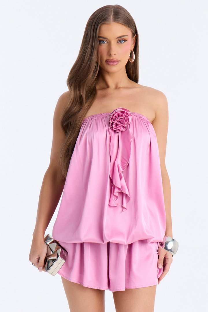 Summer Rose Satin Romper - Pink