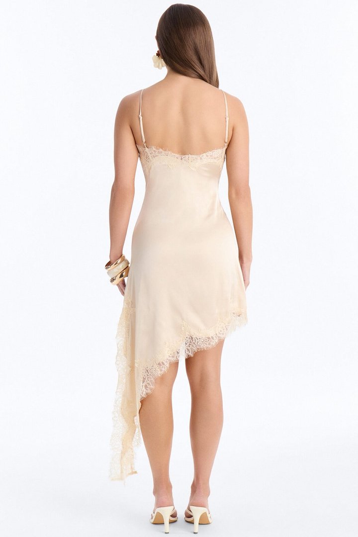 Late Nights Lace Trim Satin Midi Dress - Cream