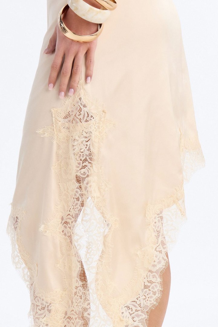 Late Nights Lace Trim Satin Midi Dress - Cream