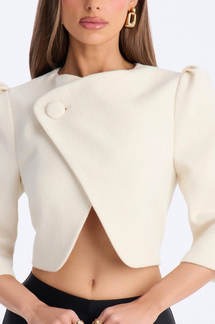 Kate Cropped Short Sleeve Crossover Blazer - White
