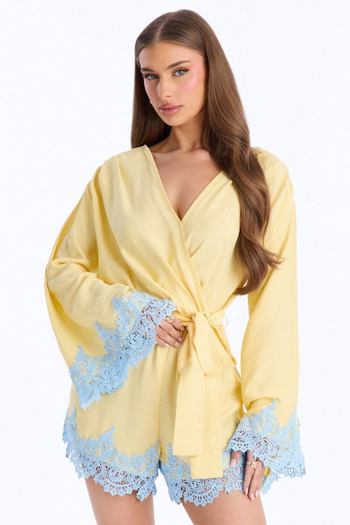 Cherie Lace Trim Tie Waist Romper - Butter Yellow