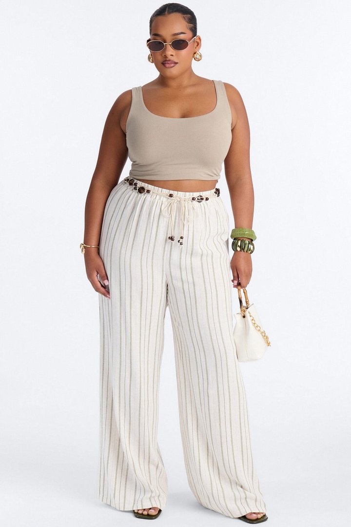Lane Low Rise Linen Belted Pant - Green/combo
