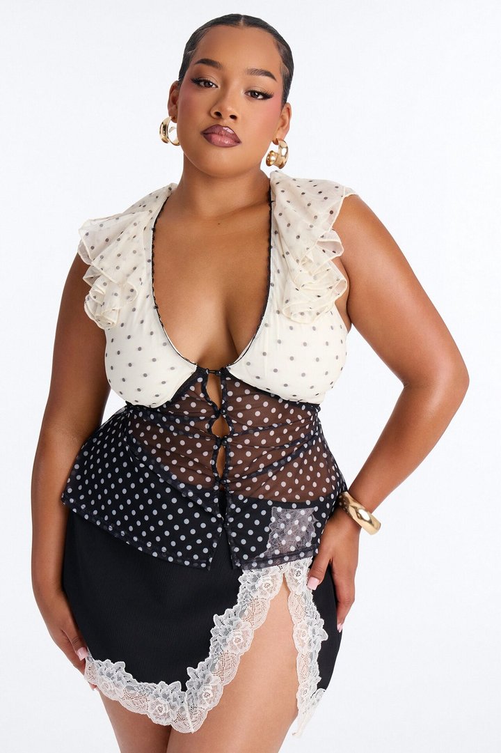 Laynee Polka Dot Ruffle Short Sleeve Top - Black/combo