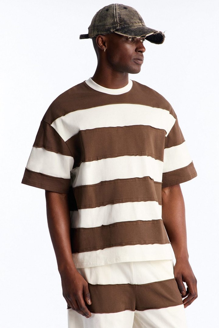 Dean Distressed Stripe Crewneck Tee - Brown/combo