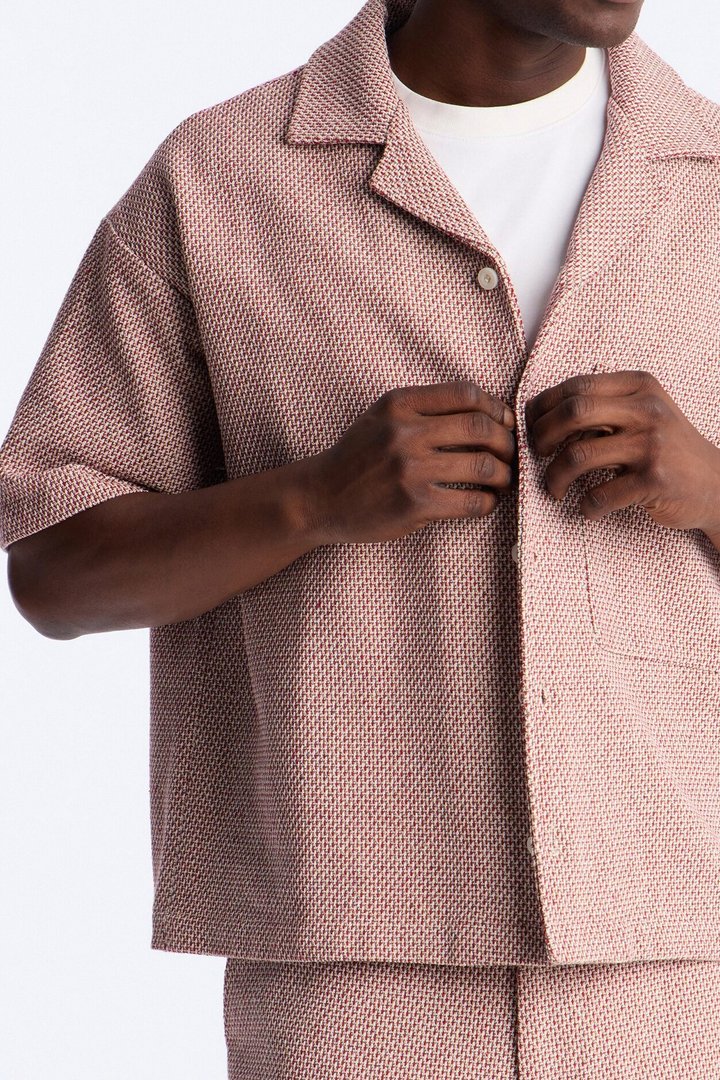 Boxy Cropped Garrison Cuban Collar Button Up Shirt - Red/combo