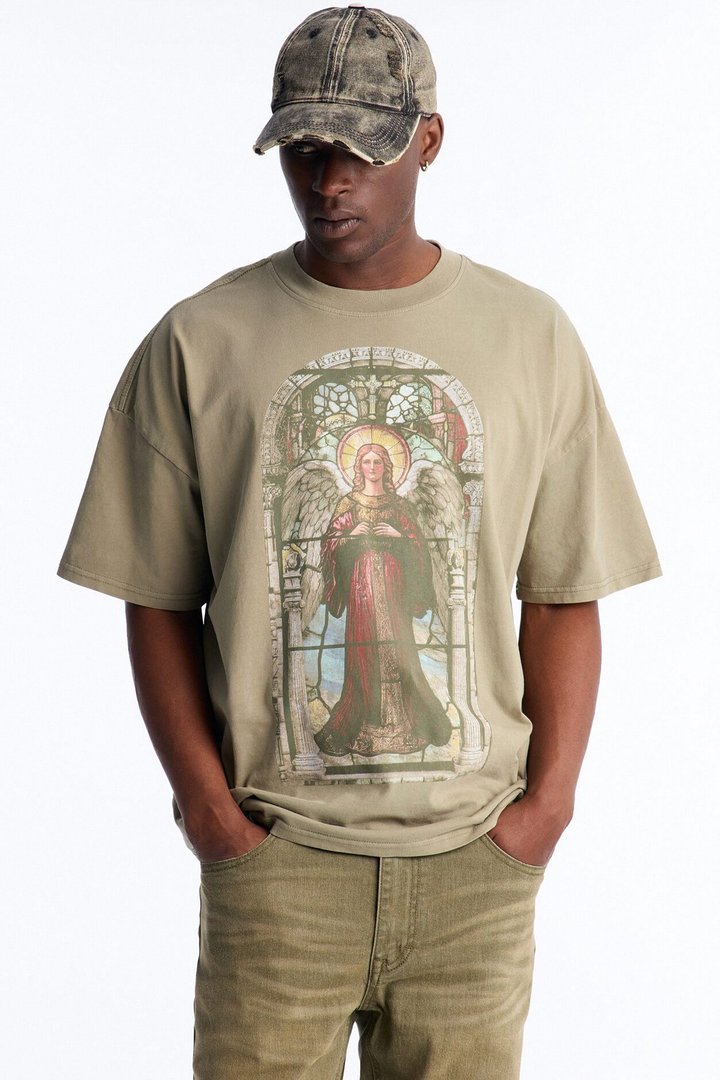 Saint Stained Colored Glass Vintage Oversized Short Sleeve Tee - Olive