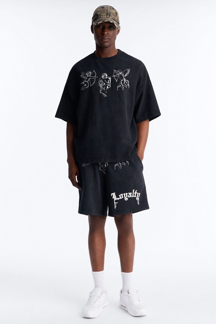 Anti Social Cherub Embroidered Oversized French Terry Tee - Black Wash