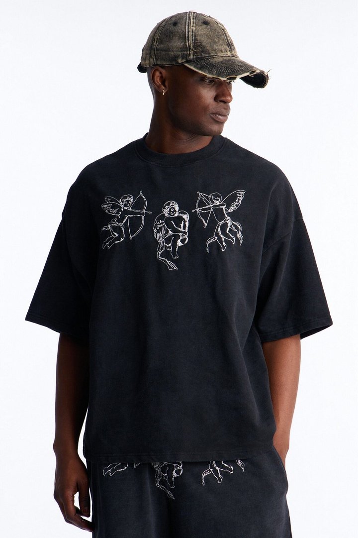 Anti Social Cherub Embroidered Oversized French Terry Tee - Black Wash