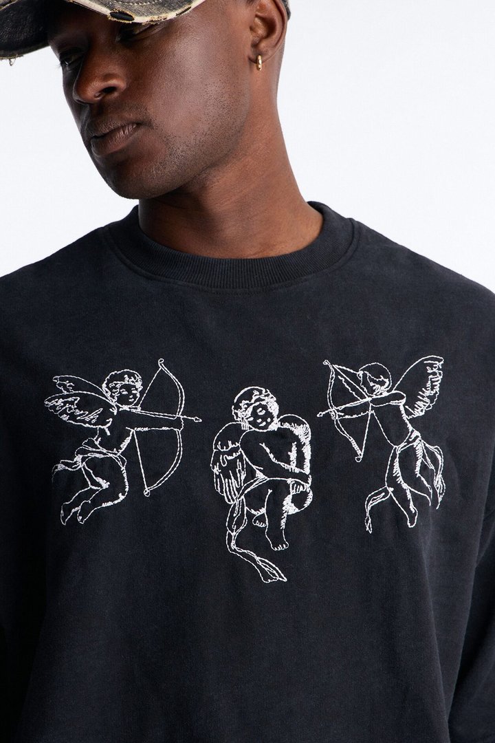 Anti Social Cherub Embroidered Oversized French Terry Tee - Black Wash