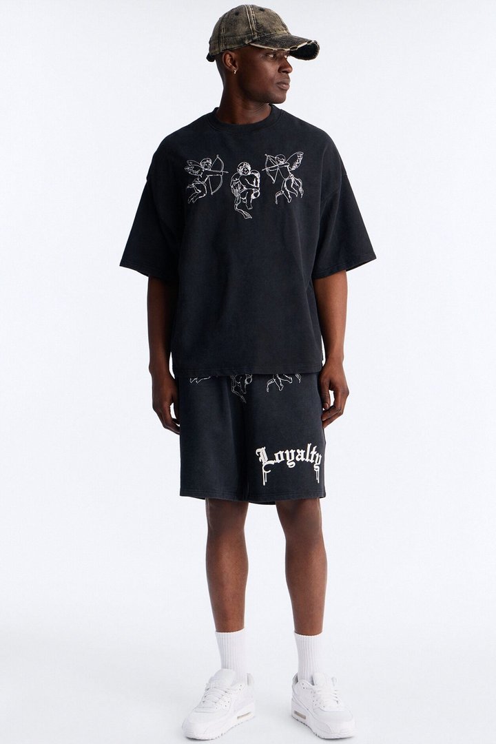 Anti Social Cherub Embroidered Relaxed Sweatshort - Black Wash