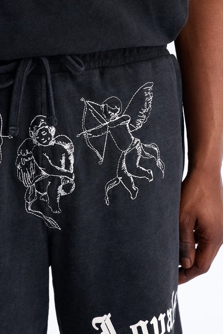 Anti Social Cherub Embroidered Relaxed Sweatshort - Black Wash