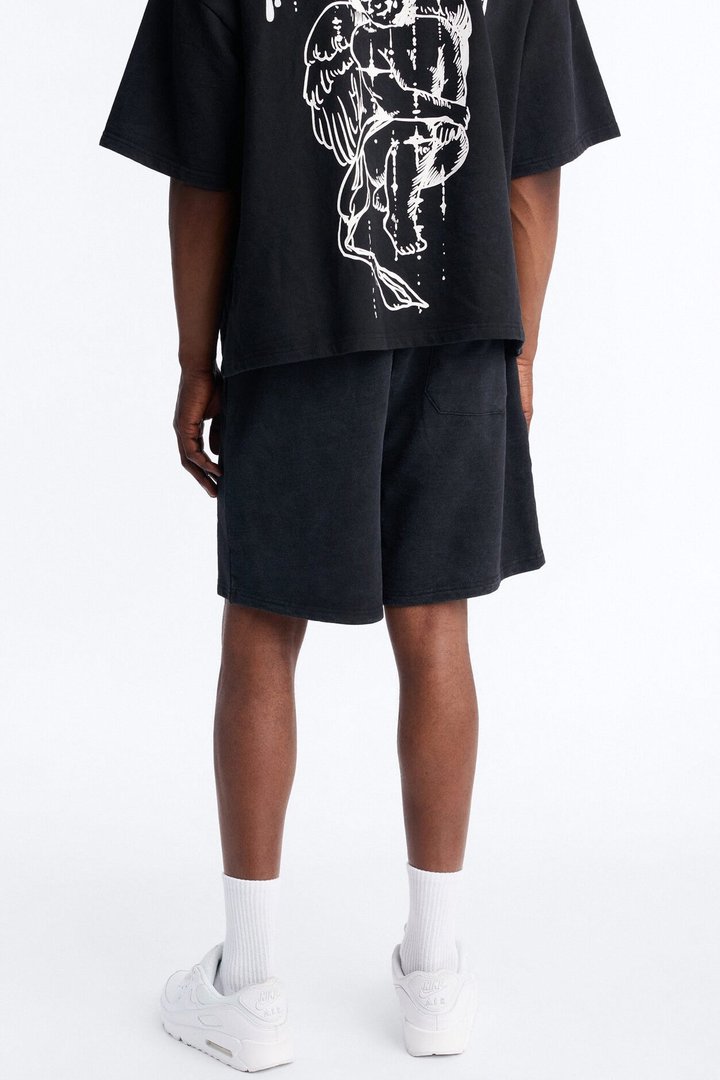 Anti Social Cherub Embroidered Relaxed Sweatshort - Black Wash