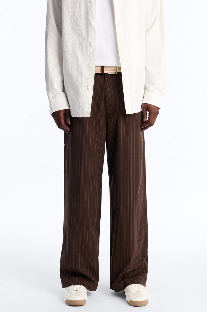 Wide Leg Straight Striped Trouser - Brown