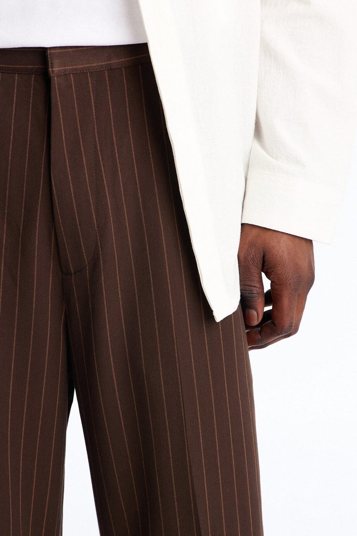 Wide Leg Straight Striped Trouser - Brown