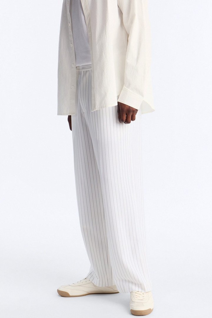 Wide Leg Straight Striped Trouser - Cream