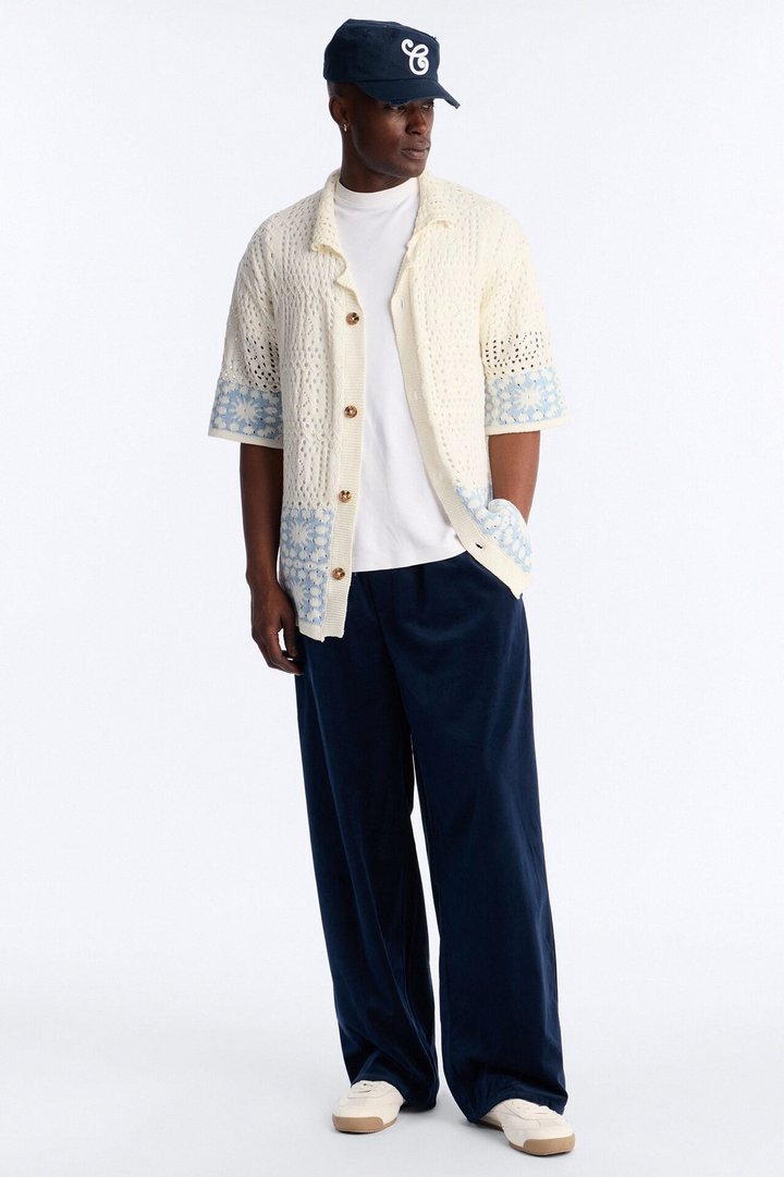 Relaxed Sunstage Crochet Cuban Collar Button Up Shirt - Light Blue