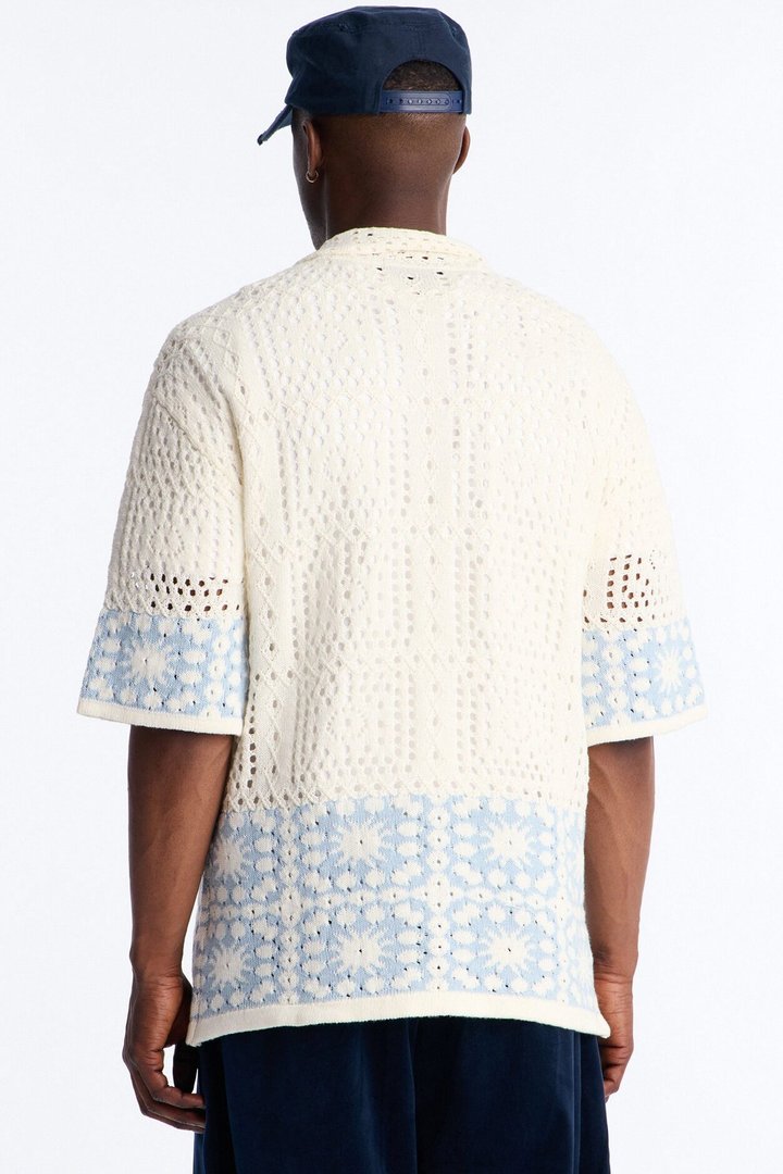 Relaxed Sunstage Crochet Cuban Collar Button Up Shirt - Light Blue