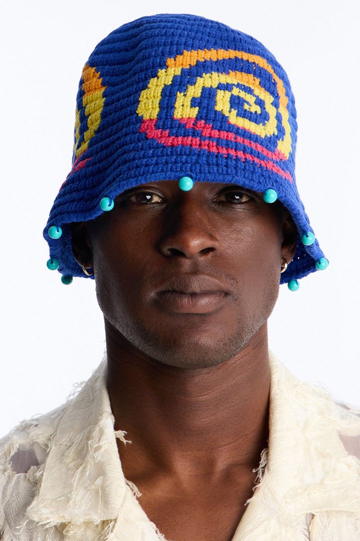 Swirl Crochet Knit Bucket Hat - Blue
