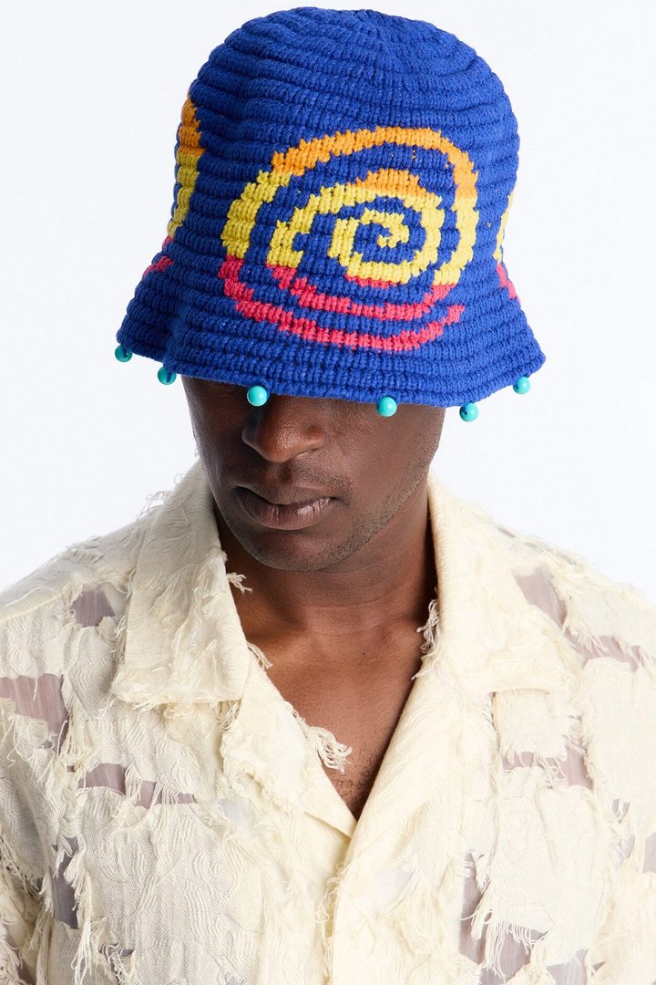 Swirl Crochet Knit Bucket Hat - Blue