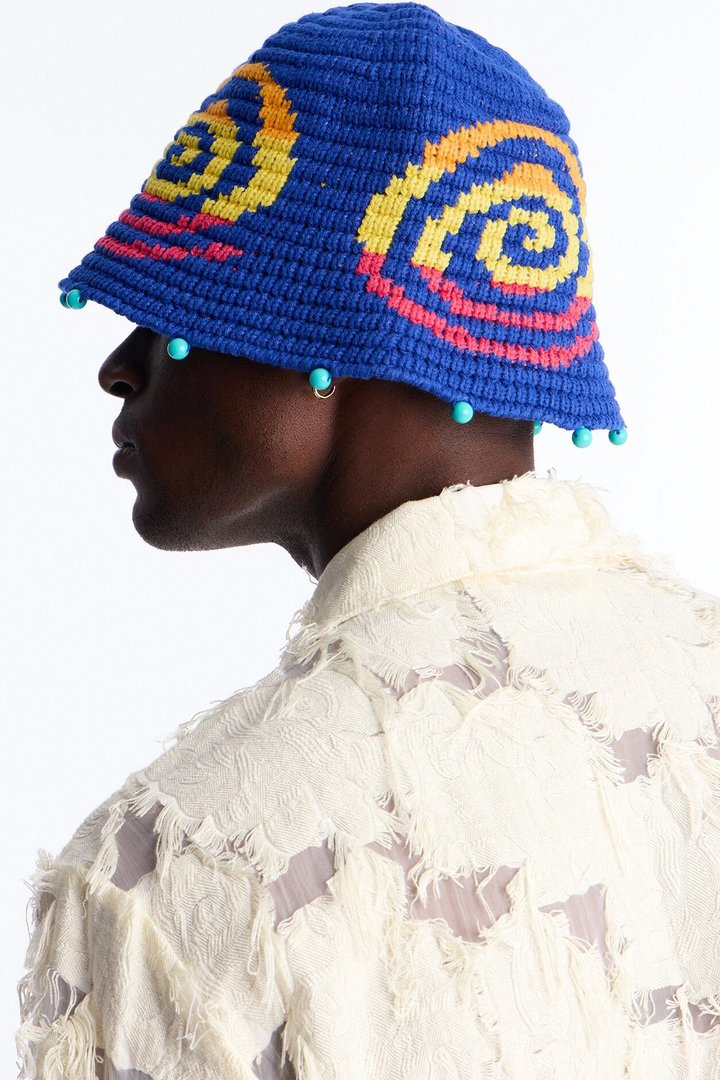 Swirl Crochet Knit Bucket Hat - Blue