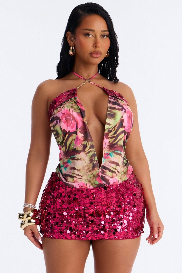 Bad As Ever Deep Cowl Sequin Mini Dress - Fuchsia/combo