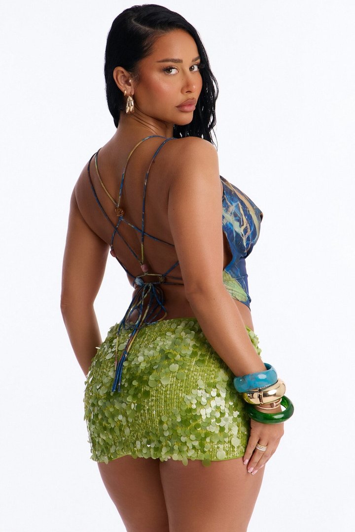 Overseas Abstract Mesh Beaded Top - Blue/combo