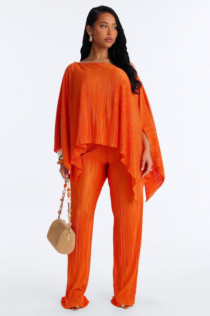 On The Horizon Off Shoulder Plisse Pant Set - Orange