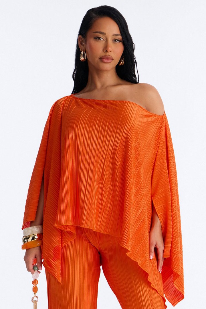 On The Horizon Off Shoulder Plisse Pant Set - Orange