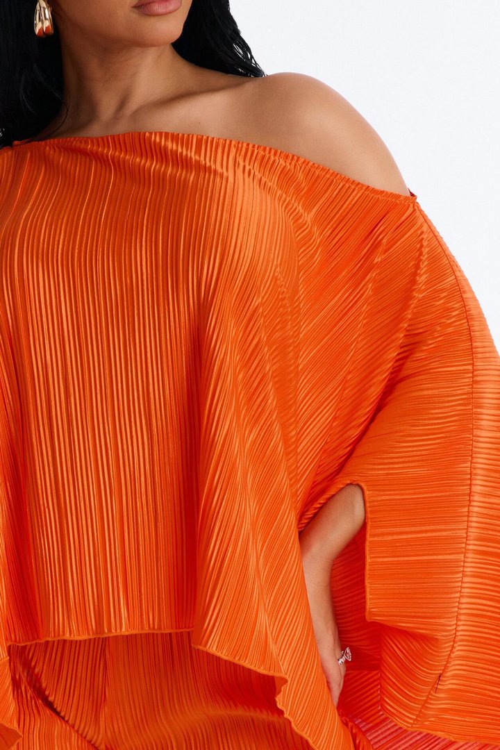 On The Horizon Off Shoulder Plisse Pant Set - Orange