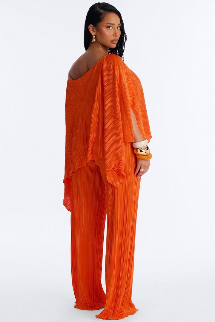 On The Horizon Off Shoulder Plisse Pant Set - Orange