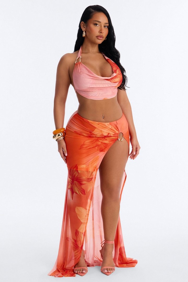 Rochelle Mesh Hardware Halter Maxi Skirt Set - Orange