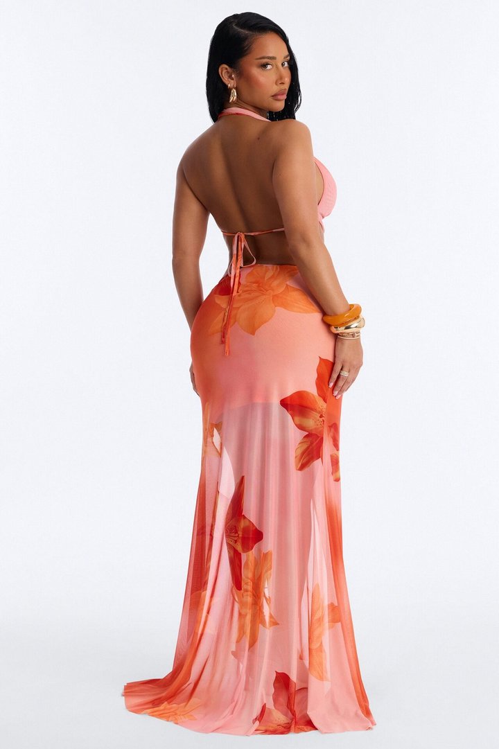 Rochelle Mesh Hardware Halter Maxi Skirt Set - Orange