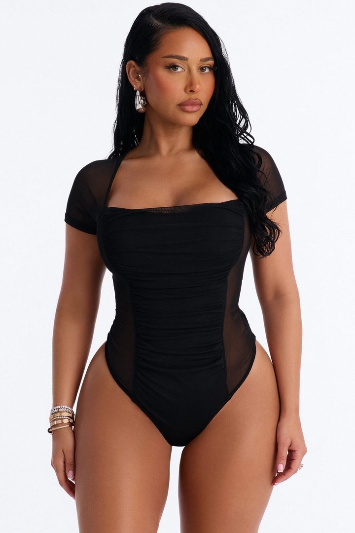Lilly Ruched Sheer Mesh Short Sleeve Bodysuit - Black