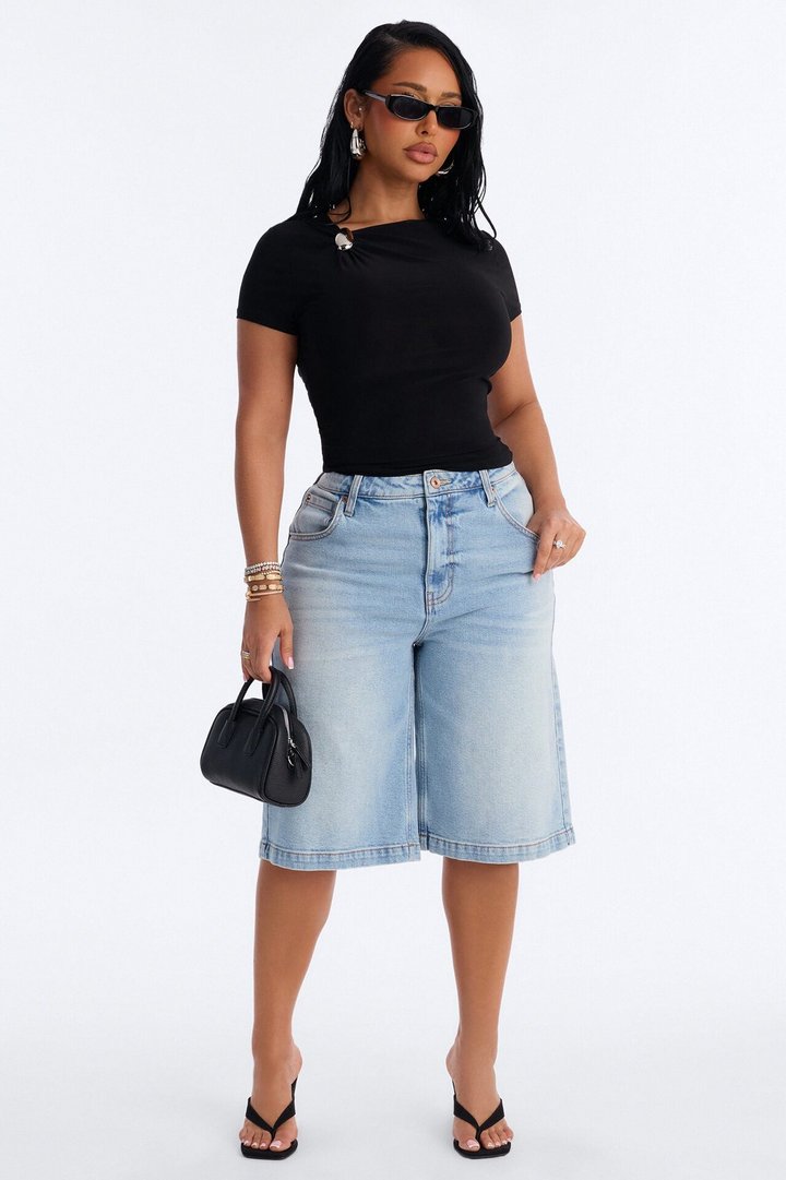 Lexi Hardware Asymmetrical Neck Short Sleeve Top - Black