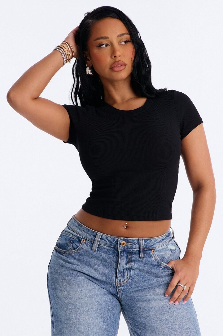 Cotton Rib Crew Neck Baby Tee - Black