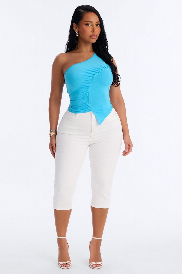 Malika Ruched One Shoulder Sleeveless Top - Blue