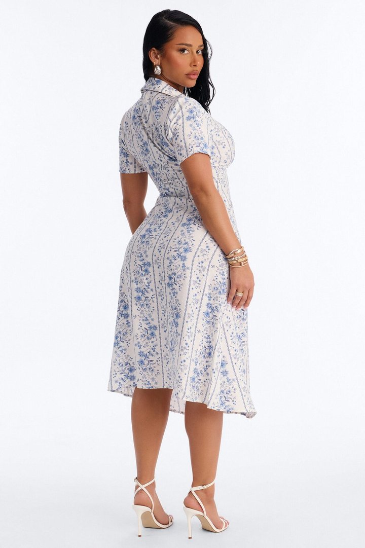 Selene Ruched Floral Midi Shirt Dress - Blue/combo